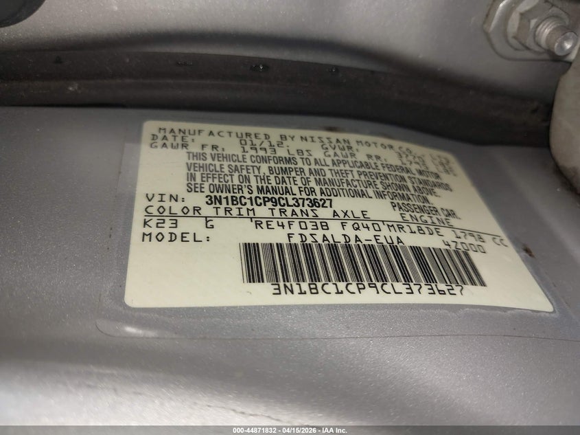 2012 Nissan Versa 1.8 S VIN: 3N1BC1CP9CL373627 Lot: 44871832