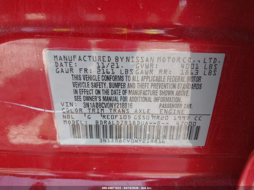 2022 Nissan Sentra Sv Xtronic Cvt VIN: 3N1AB8CV0NY218816 Lot: 44871833