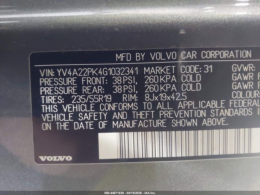 2016 Volvo Xc90 T6 Momentum VIN: YV4A22PK4G1032341 Lot: 44871836
