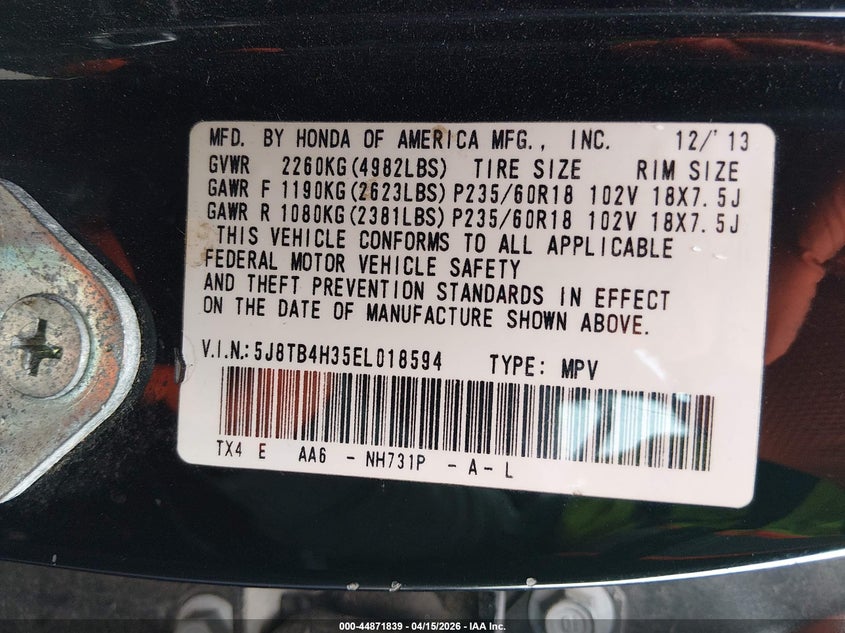 2014 Acura Rdx VIN: 5J8TB4H35EL018594 Lot: 44871839