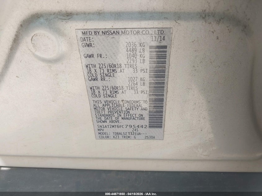 2015 Nissan Rogue Sl VIN: 5N1AT2MT6FC795442 Lot: 44871850