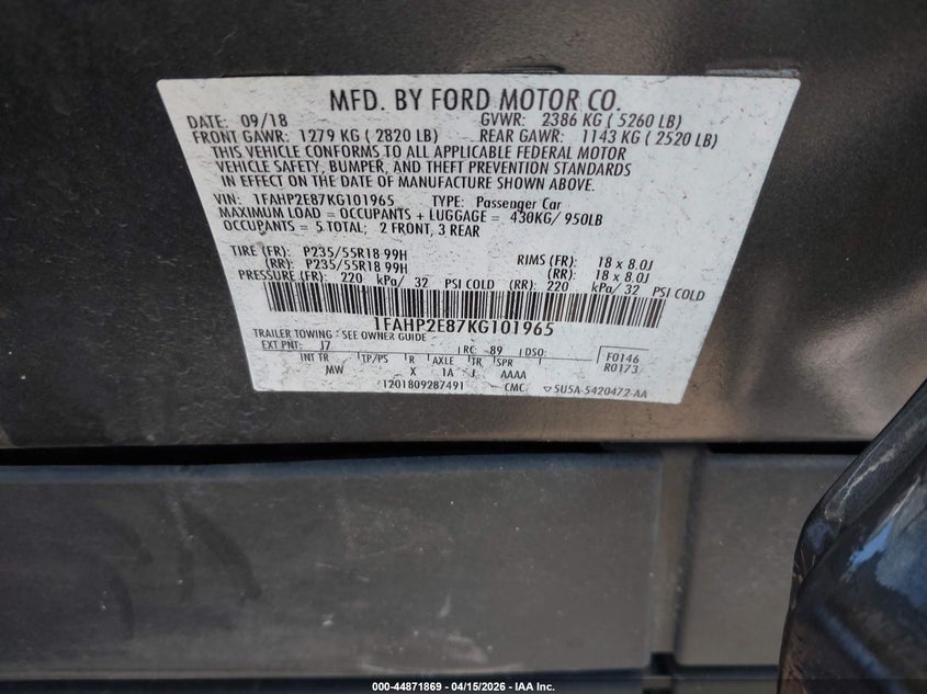 2019 Ford Taurus Sel VIN: 1FAHP2E87KG101965 Lot: 44871869