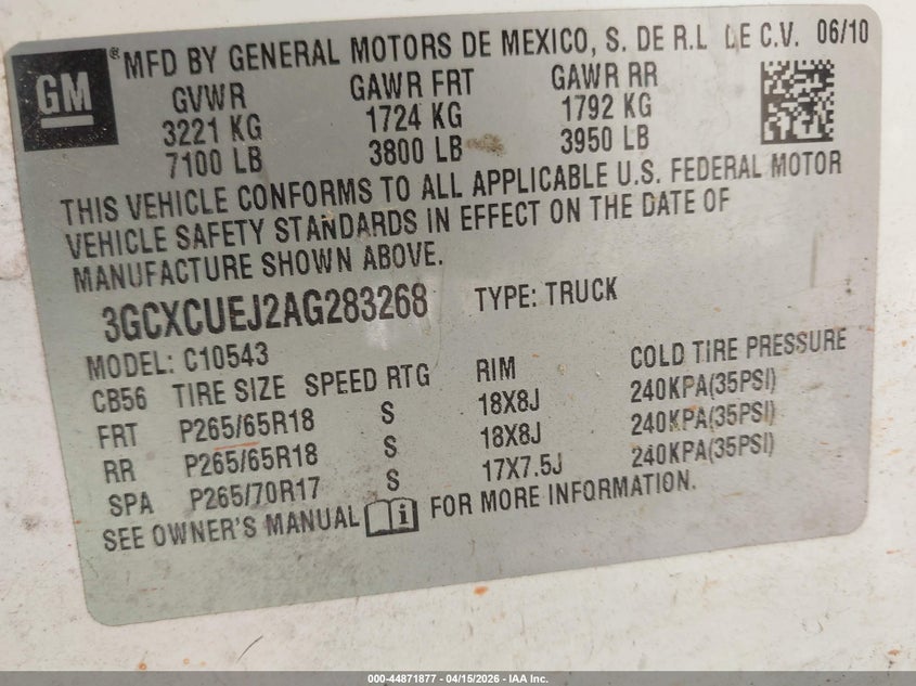 2010 Chevrolet Silverado 1500 Hybrid 1Hy VIN: 3GCXCUEJ2AG283268 Lot: 44871877