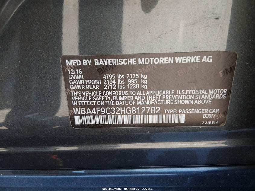 2017 BMW 430I Gran Coupe xDrive VIN: WBA4F9C32HG812782 Lot: 44871890