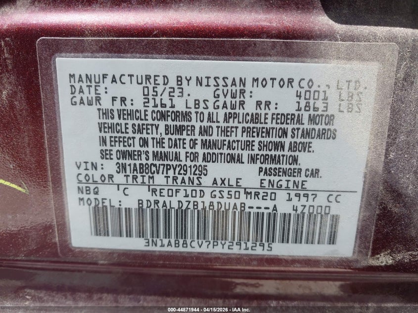 2023 Nissan Sentra Sv Xtronic Cvt VIN: 3N1AB8CV7PY291295 Lot: 44871944