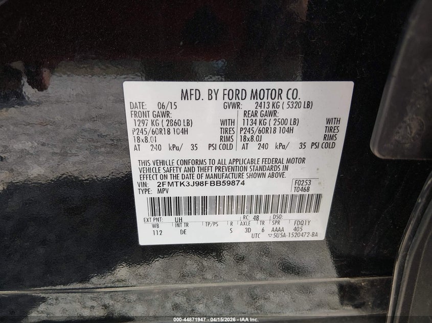 2015 Ford Edge Sel VIN: 2FMTK3J98FBB59874 Lot: 44871947