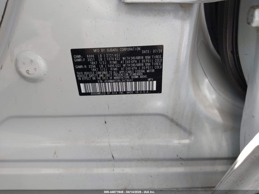 2020 Subaru Ascent Premium VIN: 4S4WMAFD8L3478647 Lot: 44871948