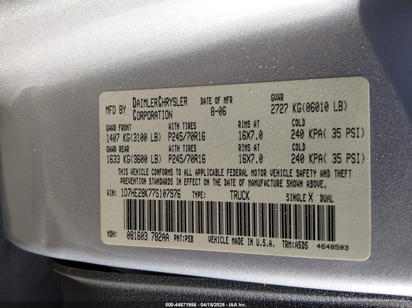 2007 Dodge Dakota St VIN: 1D7HE28K77S107976 Lot: 44871956