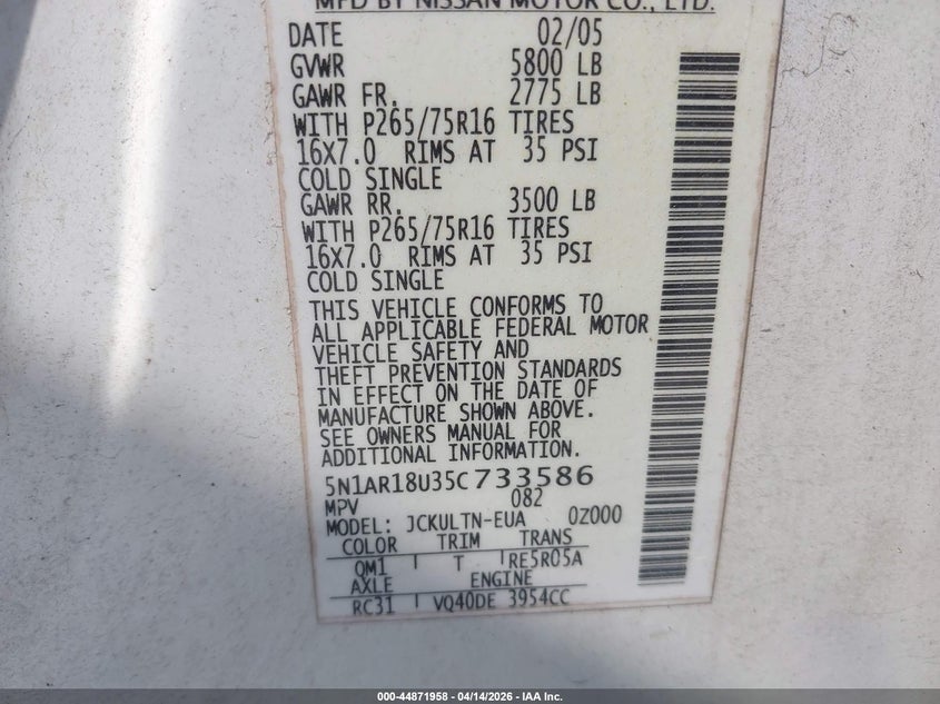 2005 Nissan Pathfinder Se Off-Road VIN: 5N1AR18U35C733586 Lot: 44871958