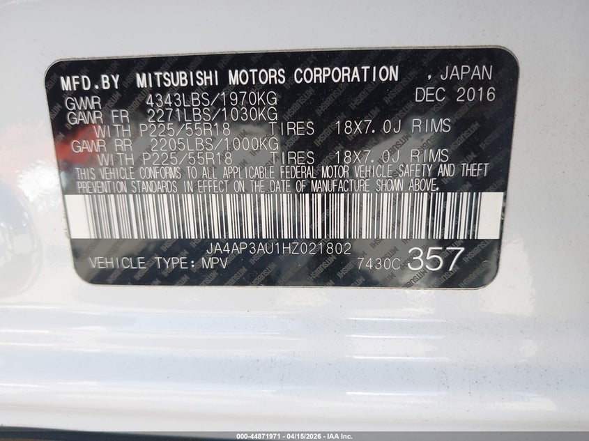 2017 Mitsubishi Outlander Sport 2.0 Le VIN: JA4AP3AU1HZ021802 Lot: 44871971