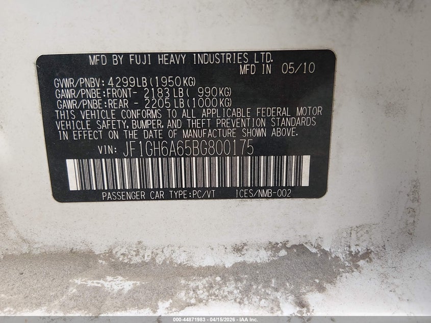 2011 Subaru Impreza 2.5I VIN: JF1GH6A65BG800175 Lot: 44871983