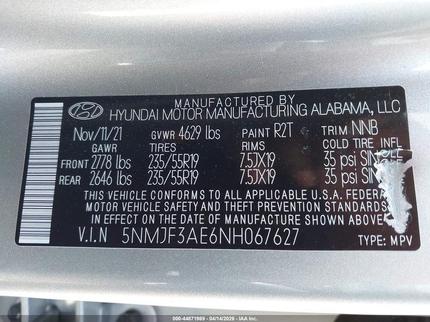 2022 Hyundai Tucson Sel VIN: 5NMJF3AE6NH067627 Lot: 44871989