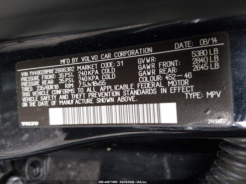 2015 Volvo Xc60 T6 Platinum VIN: YV4902RMXF2666382 Lot: 44871998