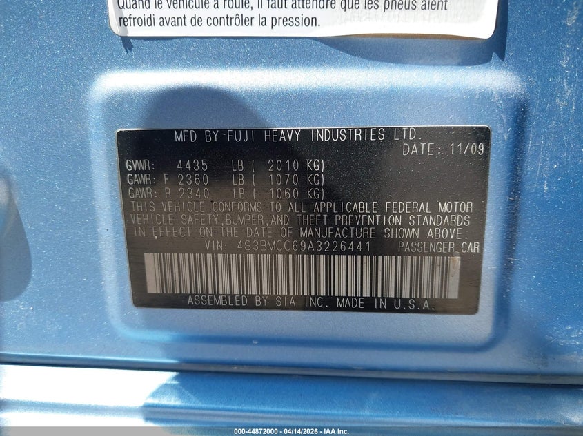 2010 Subaru Legacy 2.5I Premium VIN: 4S3BMCC69A3226441 Lot: 44872000