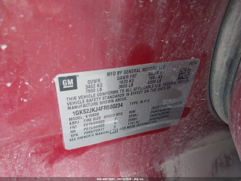 2015 GMC Yukon Xl 1500 Denali VIN: 1GKS2JKJ4FR500234 Lot: 44872001
