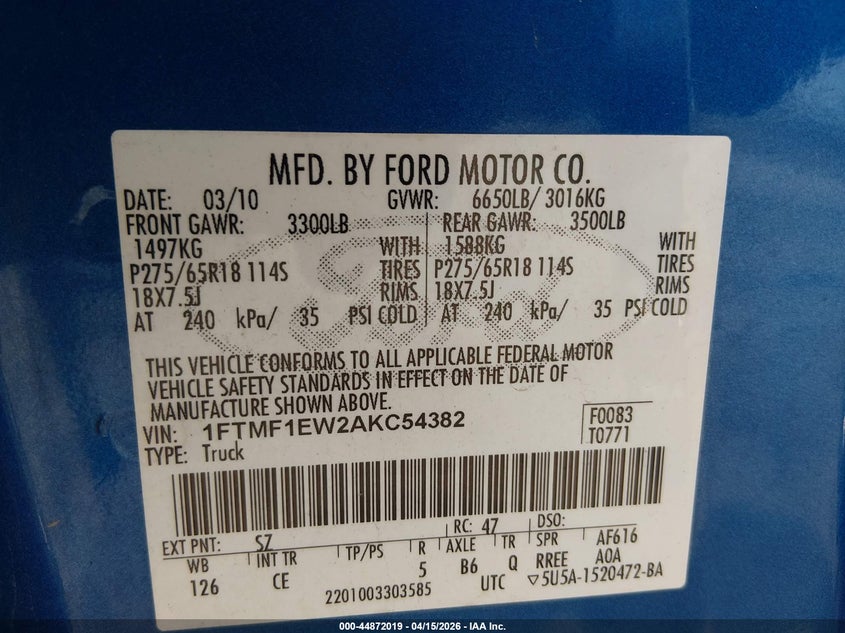 2010 Ford F-150 Stx/Xl/Xlt VIN: 1FTMF1EW2AKC54382 Lot: 44872019