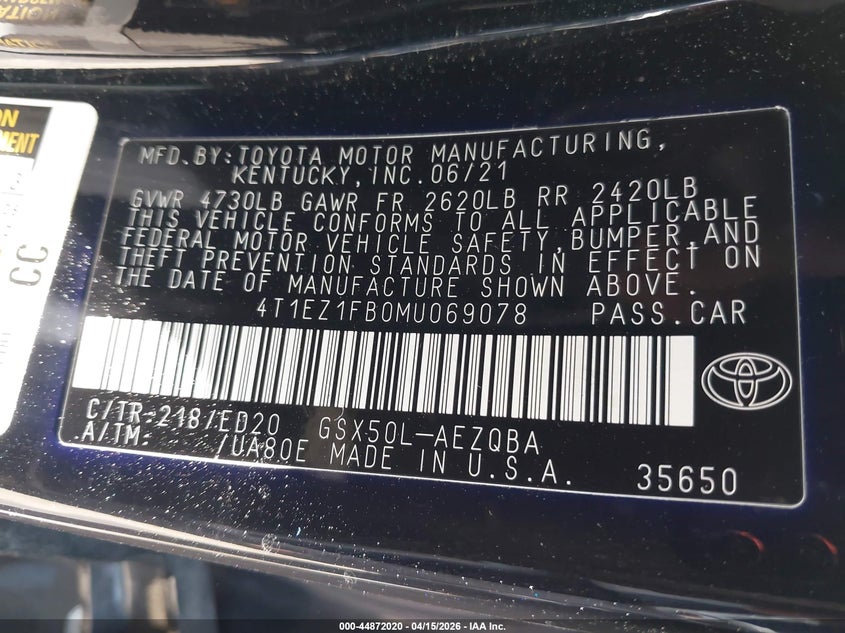 2021 Toyota Avalon Xse Nightshade VIN: 4T1EZ1FB0MU069078 Lot: 44872020