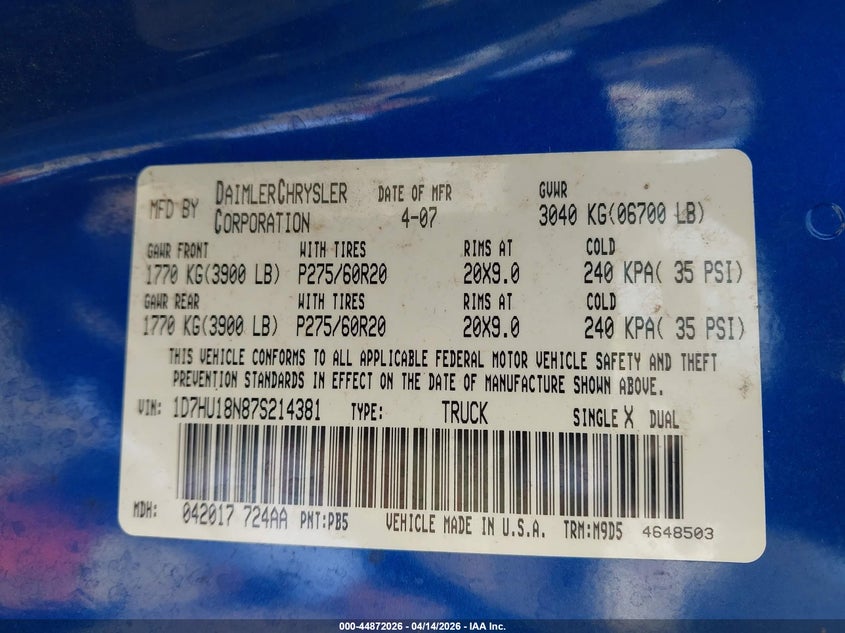 2007 Dodge Ram 1500 Slt/Trx4 Off Road/Sport VIN: 1D7HU18N87S214381 Lot: 44872026