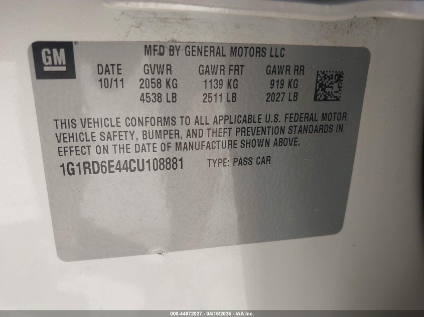 2012 Chevrolet Volt 1.4 white Lot 111044872027 Vin 1G1RD6E44CU108881