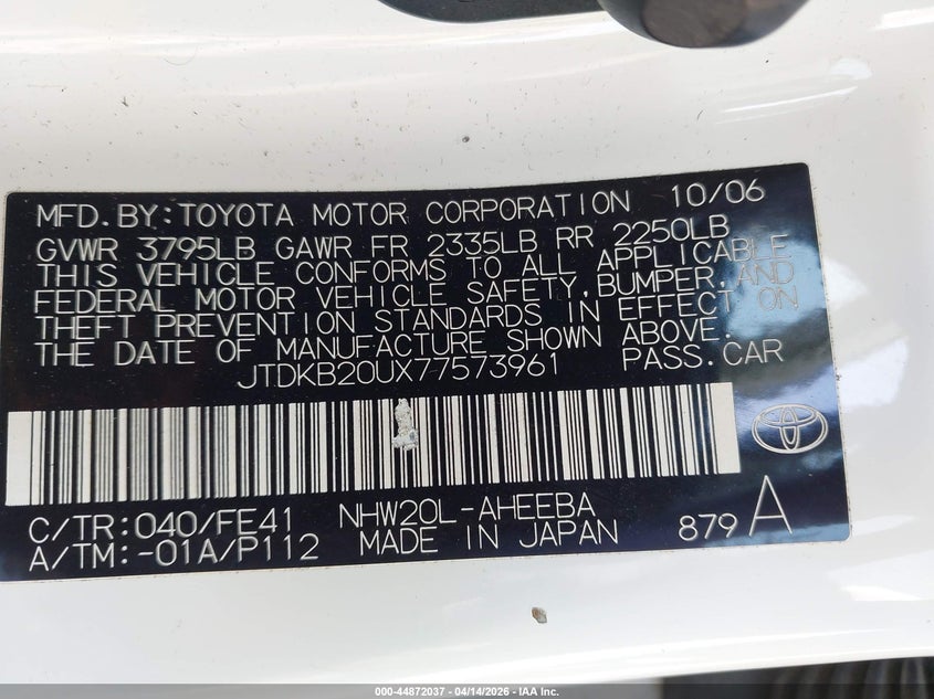 2007 Toyota Prius VIN: JTDKB20UX77573961 Lot: 44872037