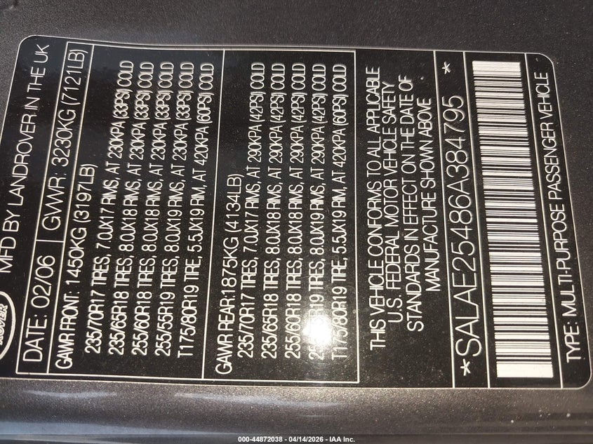 2006 Land Rover Lr3 V8 Se VIN: SALAE25486A384795 Lot: 44872038