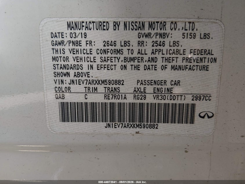 INFINITI Q50 2019 VIN JN1EV7ARXKM590882