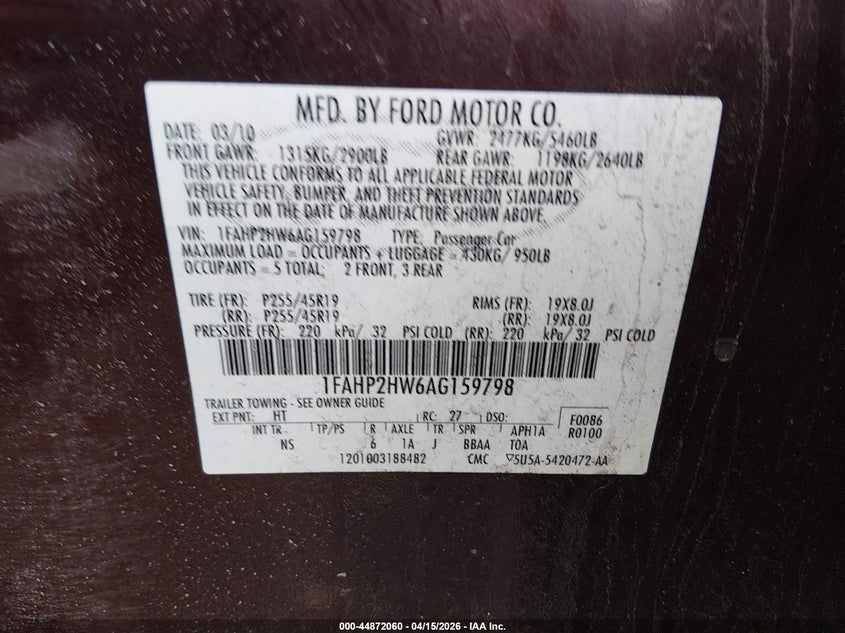 2010 Ford Taurus Sel VIN: 1FAHP2HW6AG159798 Lot: 44872060