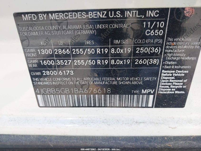 2011 Mercedes-Benz Ml 350 VIN: 4JGBB5GB1BA676618 Lot: 44872062
