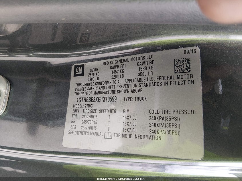 2016 GMC Canyon VIN: 1GTH6BE3XG1370599 Lot: 44872070