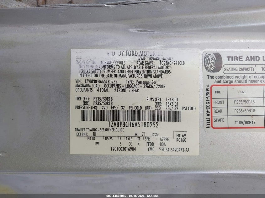 2010 Ford Mustang Gt/Gt Premium VIN: 1ZVBP8CH6A5180252 Lot: 44872080