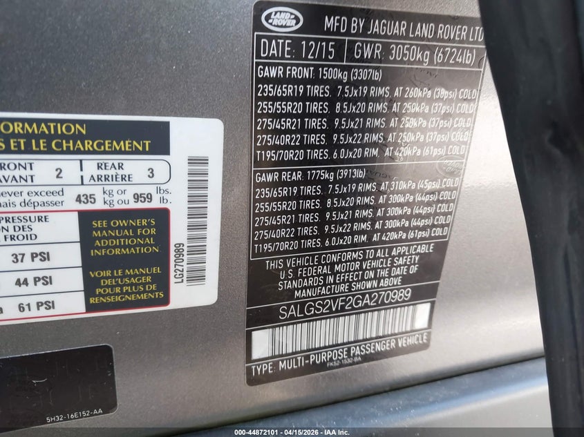 2016 Land Rover Range Rover 3.0L V6 Supercharged Hse VIN: SALGS2VF2GA270989 Lot: 44872101