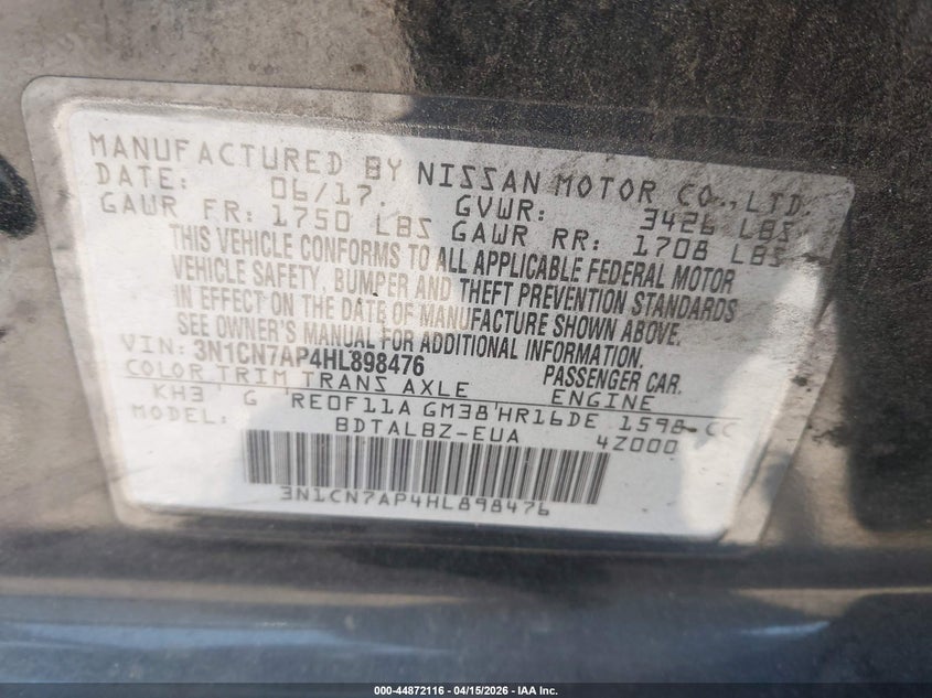 2017 Nissan Versa 1.6 Sv VIN: 3N1CN7AP4HL898476 Lot: 44872116