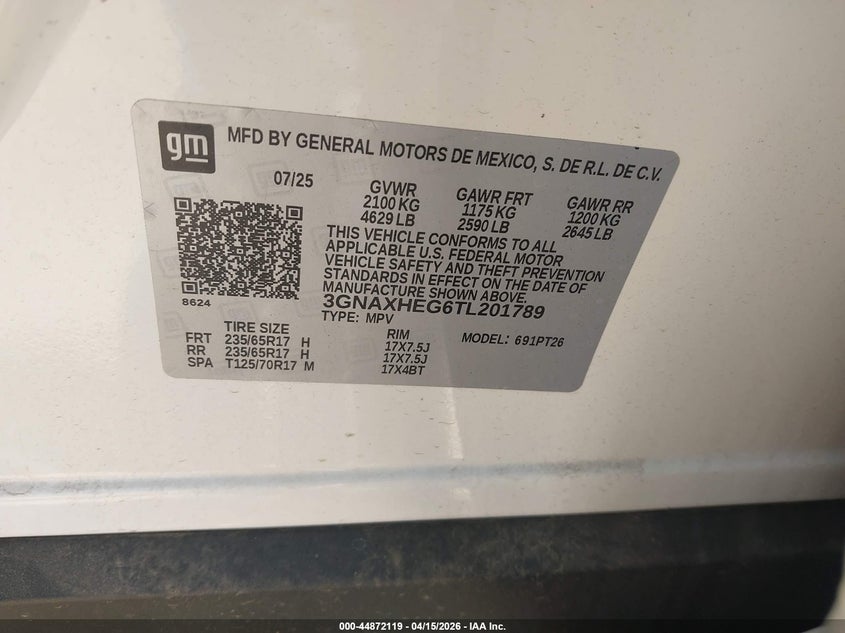 2026 Chevrolet Equinox Fwd Lt VIN: 3GNAXHEG6TL201789 Lot: 44872119