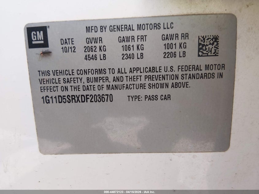 2013 Chevrolet Malibu Eco VIN: 1G11D5SRXDF203670 Lot: 44872123