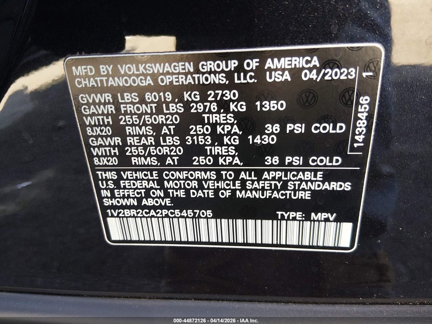2023 Volkswagen Atlas 3.6L V6 Sel VIN: 1V2BR2CA2PC545705 Lot: 44872126