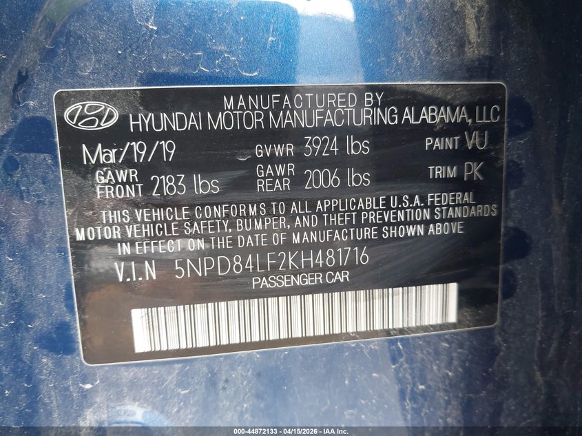2019 Hyundai Elantra Value Edition VIN: 5NPD84LF2KH481716 Lot: 44872133