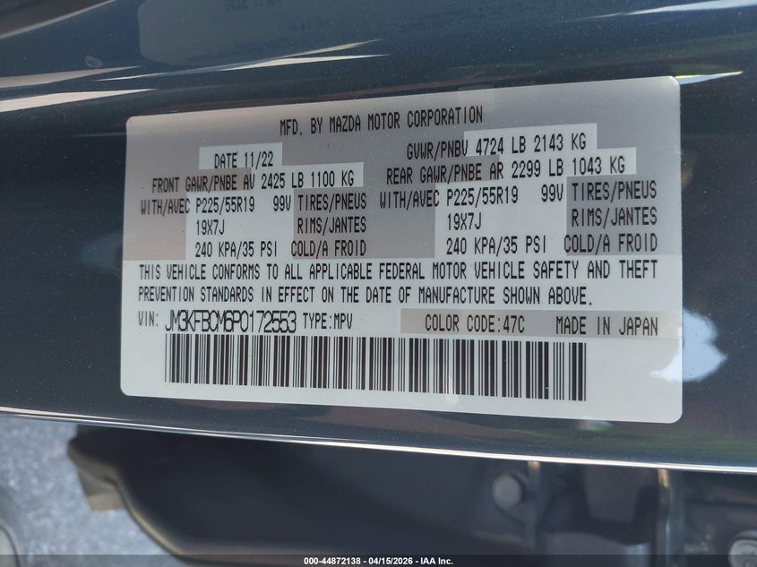 2023 Mazda Cx-5 2.5 S Carbon Edition VIN: JM3KFBCM6P0172553 Lot: 44872138