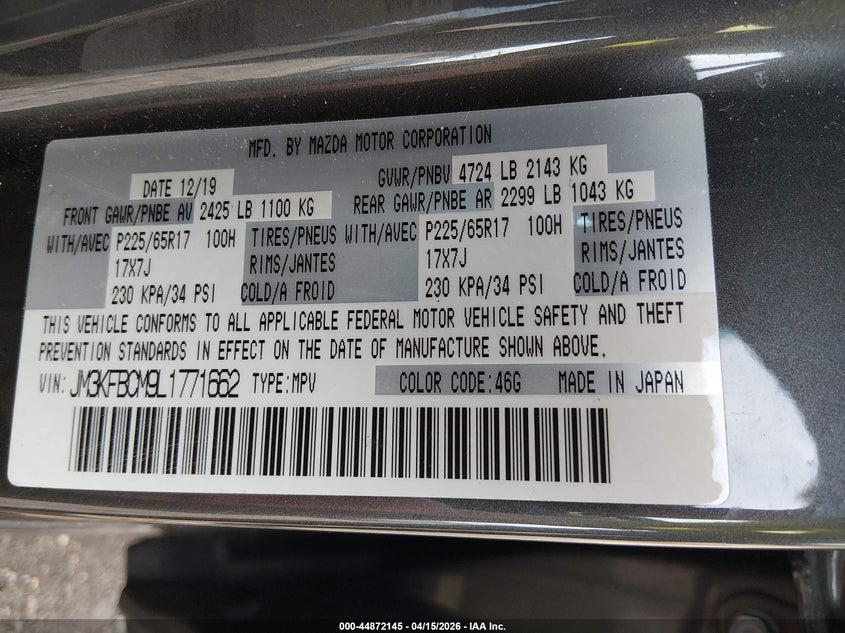 2020 Mazda Cx-5 Touring VIN: JM3KFBCM9L1771662 Lot: 44872145