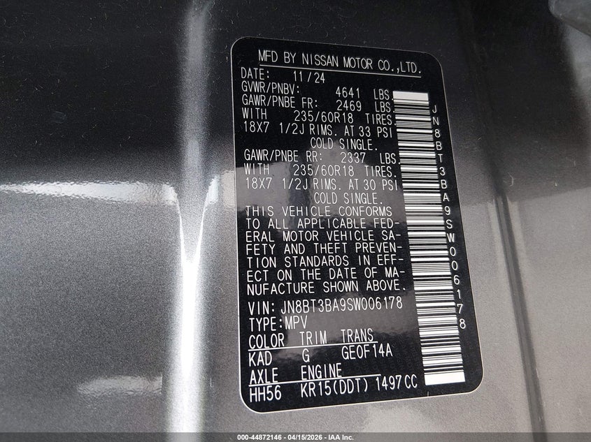 2025 Nissan Rogue Sv Fwd VIN: JN8BT3BA9SW006178 Lot: 44872146