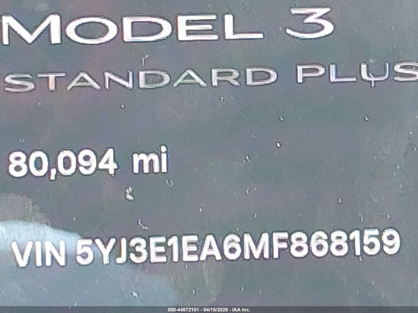 2021 Tesla Model 3 Standard Range Plus Rear-Wheel Drive VIN: 5YJ3E1EA6MF868159 Lot: 44872151