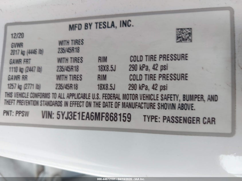 2021 Tesla Model 3 Standard Range Plus Rear-Wheel Drive VIN: 5YJ3E1EA6MF868159 Lot: 44872151