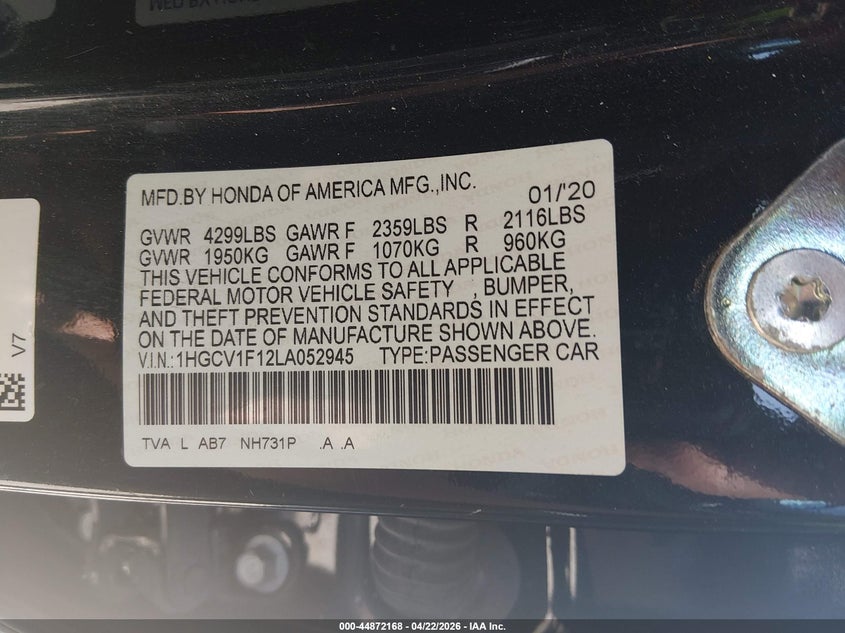 VIN 1HGCV1F12LA052945 2020 HONDA ACCORD LX