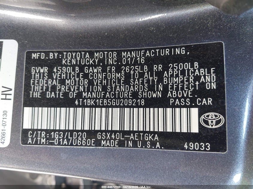 2016 Toyota Avalon Xle VIN: 4T1BK1EB5GU209218 Lot: 44872169