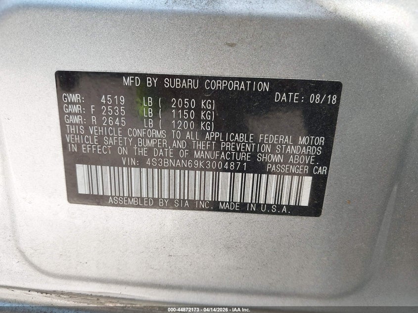 2019 Subaru Legacy 2.5I Limited VIN: 4S3BNAN69K3004871 Lot: 44872173