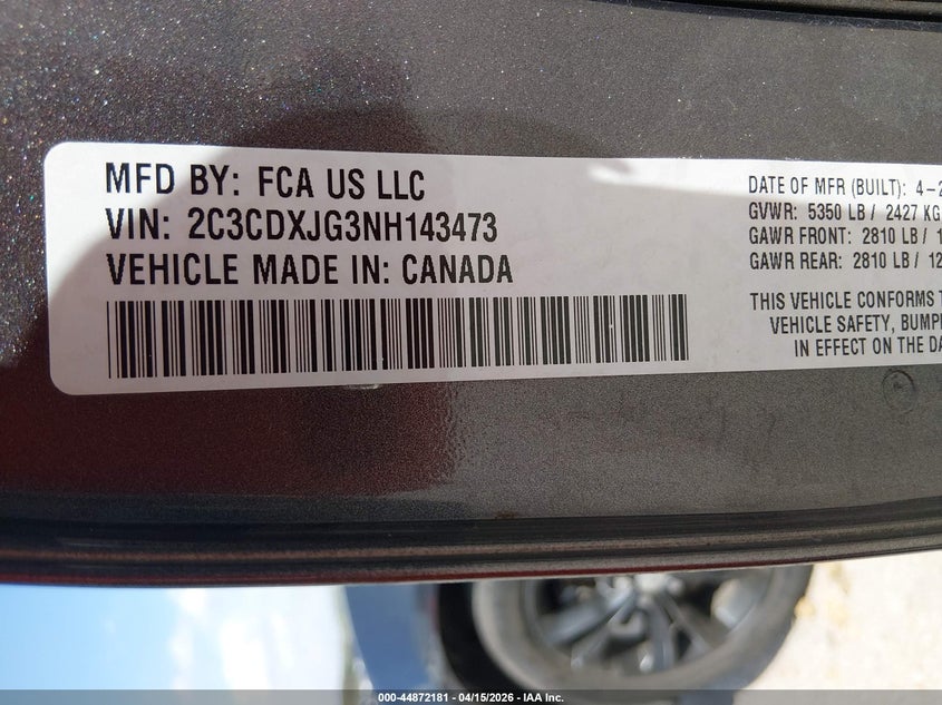 2022 Dodge Charger Sxt Awd VIN: 2C3CDXJG3NH143473 Lot: 44872181