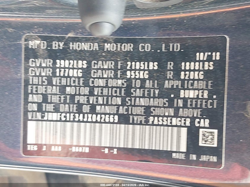 2018 Honda Civic Ex-T VIN: JHMFC1F34JX042669 Lot: 44872185