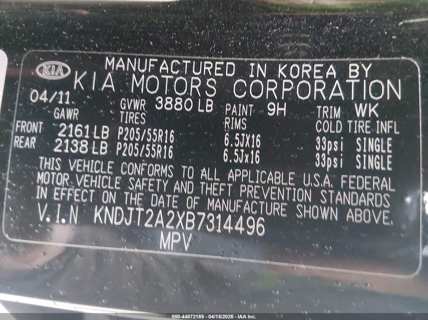 2011 Kia Soul + VIN: KNDJT2A2XB7314496 Lot: 44872189