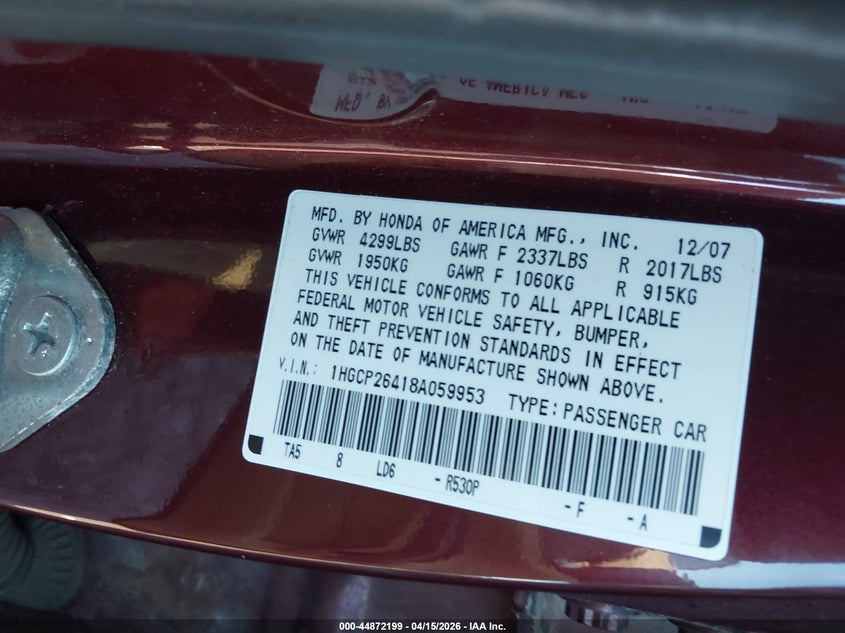 2008 Honda Accord 2.4 Lx-P VIN: 1HGCP26418A059953 Lot: 44872199