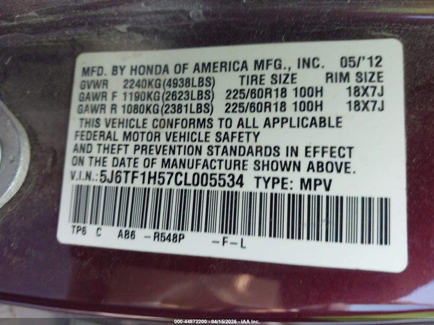 2012 Honda Crosstour Ex-L VIN: 5J6TF1H57CL005534 Lot: 44872200