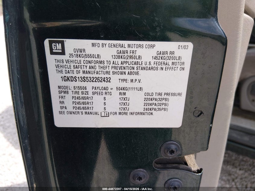 2003 GMC Envoy Sle VIN: 1GKDS13S532262432 Lot: 44872207